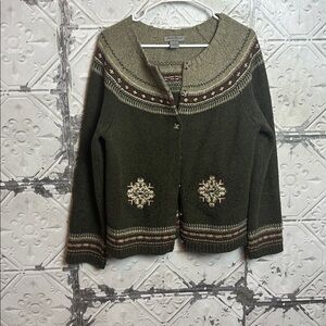 Vintage kitschy cottagecore fair isle Olive Green Patterned Women's Sweater